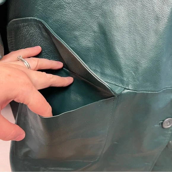 Vintage Via Accenti Dark Green Leather Jacket Button Front Coat Womens Sz 30W - Picture 5 of 11
